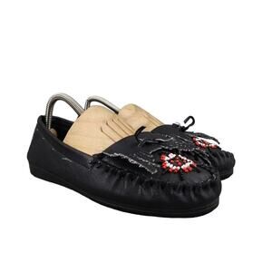 Casual Shoes Womens 8 Moccasin Loafers Slip On Leather Black Fringe Beaded Black